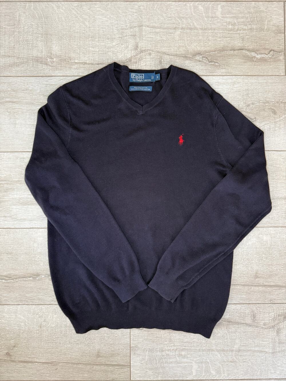 Polo Ralph Lauren Men’s V-Neck Sweater Small Navy Blue 100% Pima Cotton Red Pony